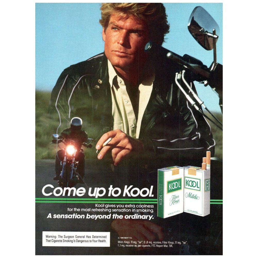1984 Come up to Kool Cigarettes Vintage Print Ad Motorcycle Cruise Man Leather